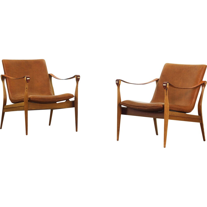 Pair of Safari lounge chairs in leather and ashwood by Ebbe & Karen Clemmensen for Fritz Hansen - 1960s