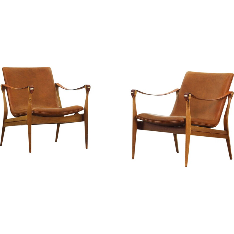 Paire de fauteuils lounges "Safari" en cuir et en frêne de Ebbe & Karen Clemmensen pour Fritz Hansen - 1960 