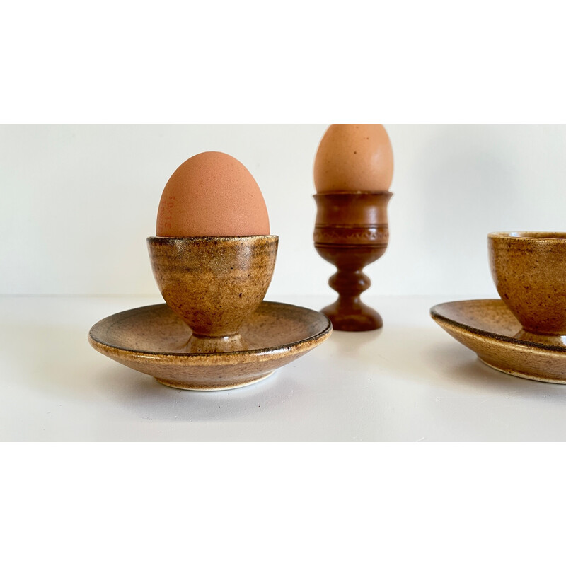 Set of 3 vintage ceramic and wood egg cups