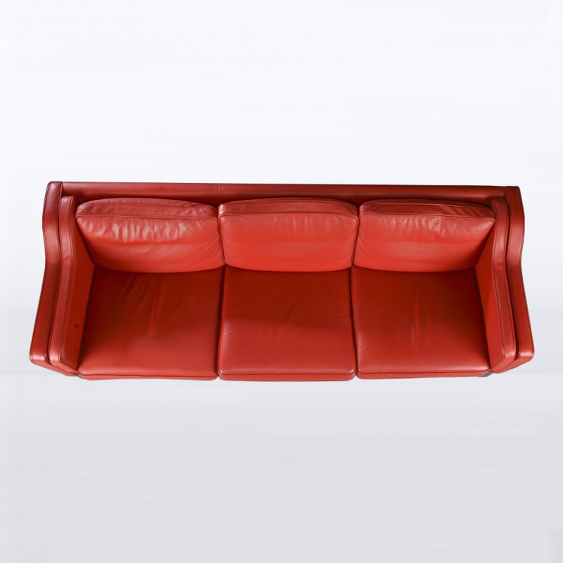 Sofá vintage de 3 plazas en cuero rojo de Hurup Mobelfabrik, Dinamarca