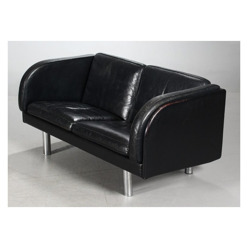 Vintage black leather 2 seater sofa by Jorgen Gammelgaard for Erik Jorgensen, 1970s