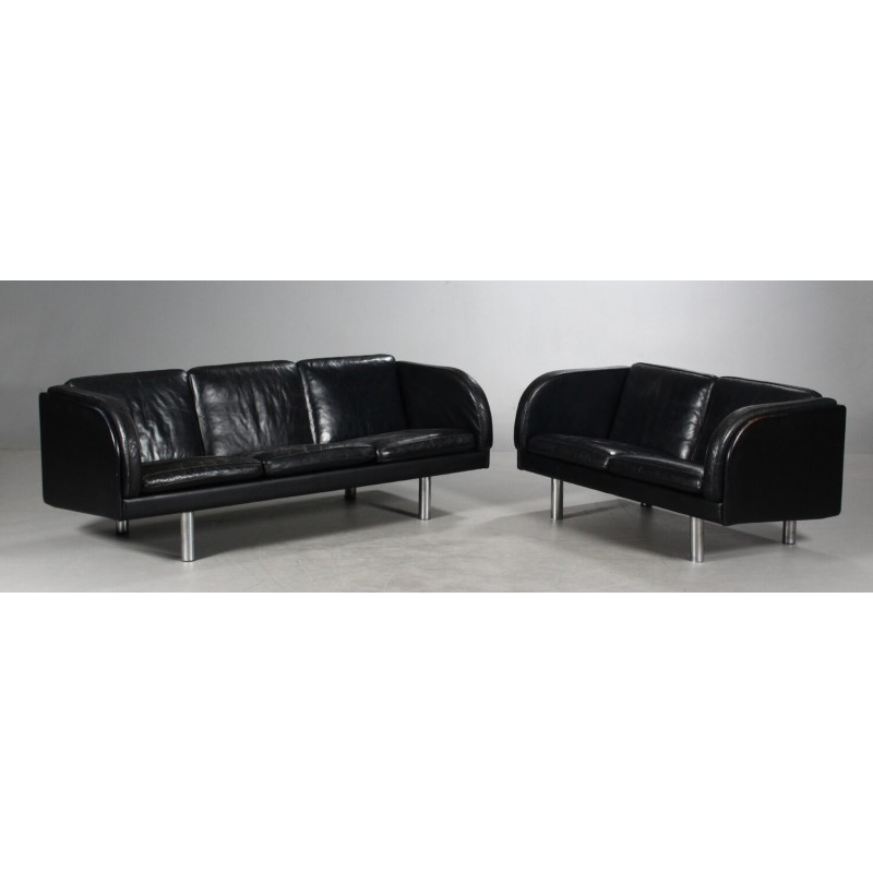 Vintage black leather 3 seater sofa by Jorgen Gammelgaard for Erik Jorgensen, 1970s