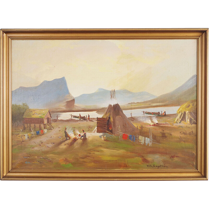 Vintage schilderij "The Riverside Camp" door Vilhelm Oskar Engström