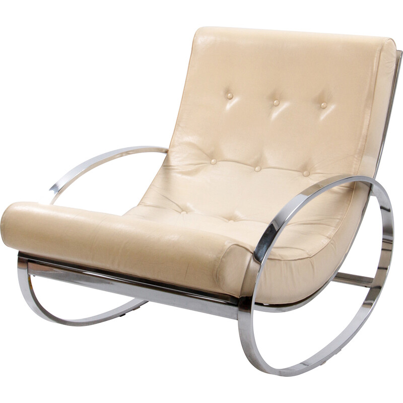 Italian vintage rocking chair in chrome and leather by Renato Zevi for Selig, 1970s