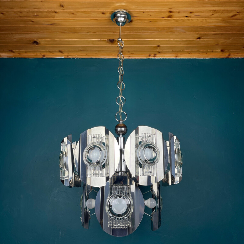 Vintage chrome and glass Lens chandelier by Oscar Torlasco, Italy 1960s