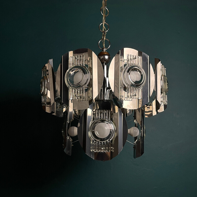 Vintage chrome and glass Lens chandelier by Oscar Torlasco, Italy 1960s