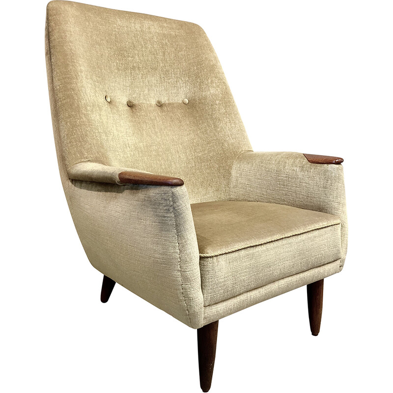 Scandinavian vintage armchair in velvet and teak, 1950