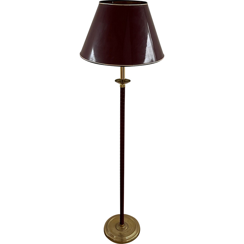 Lampada da terra svedese di metà secolo in pelle e ottone, Svezia 1960