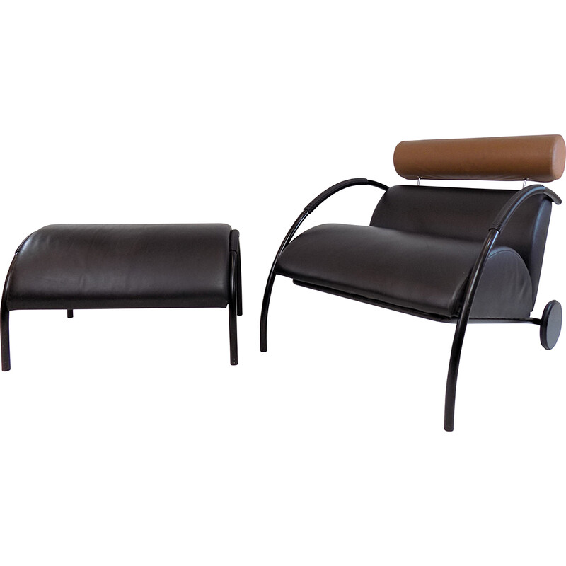 Vintage Zyklus leather and metal armchair with ottoman by Peter Maly for Cor