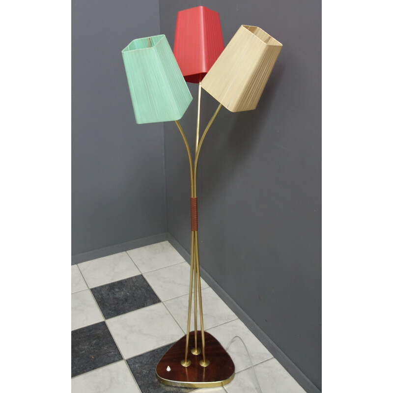 Lampadaire vintage avec trois abat-jour en fibre colorée, 1960