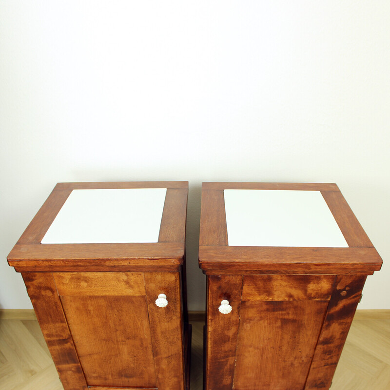 Pair of vintage Art Deco night stands in walnut and glass, Czechoslovakia 1920s