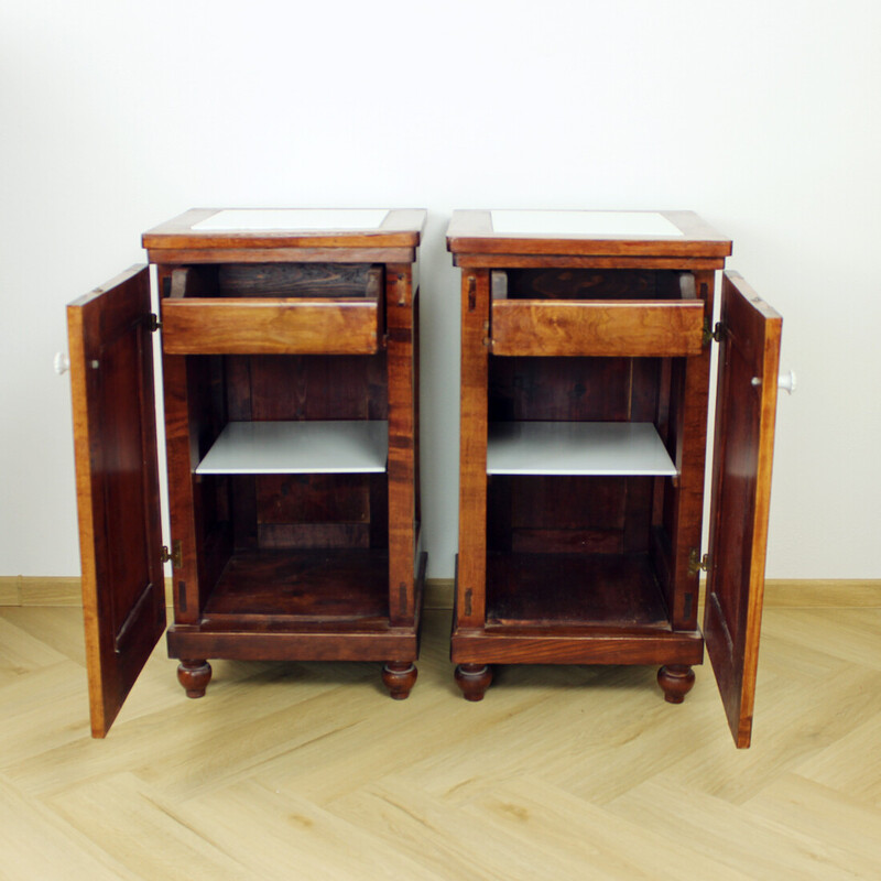 Pair of vintage Art Deco night stands in walnut and glass, Czechoslovakia 1920s