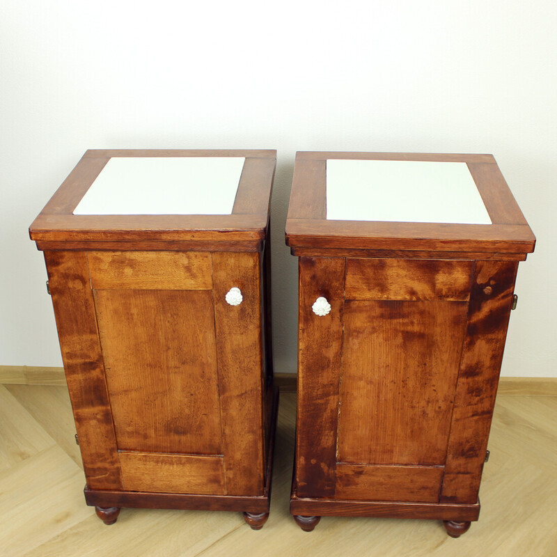 Pair of vintage Art Deco night stands in walnut and glass, Czechoslovakia 1920s