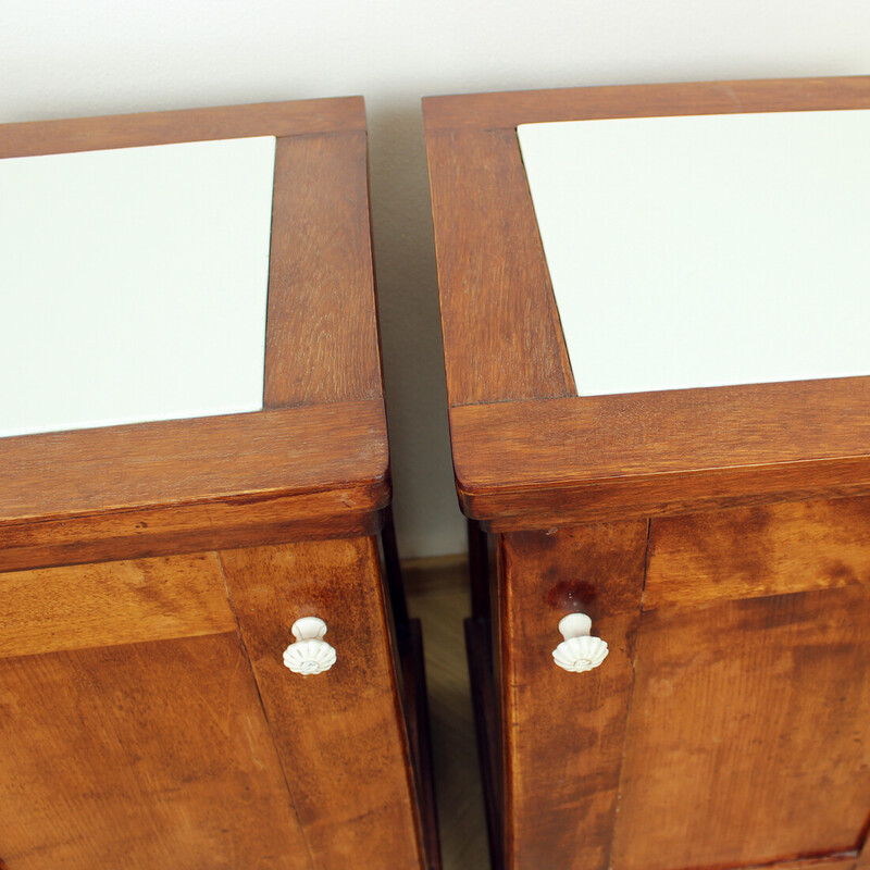 Pair of vintage Art Deco night stands in walnut and glass, Czechoslovakia 1920s