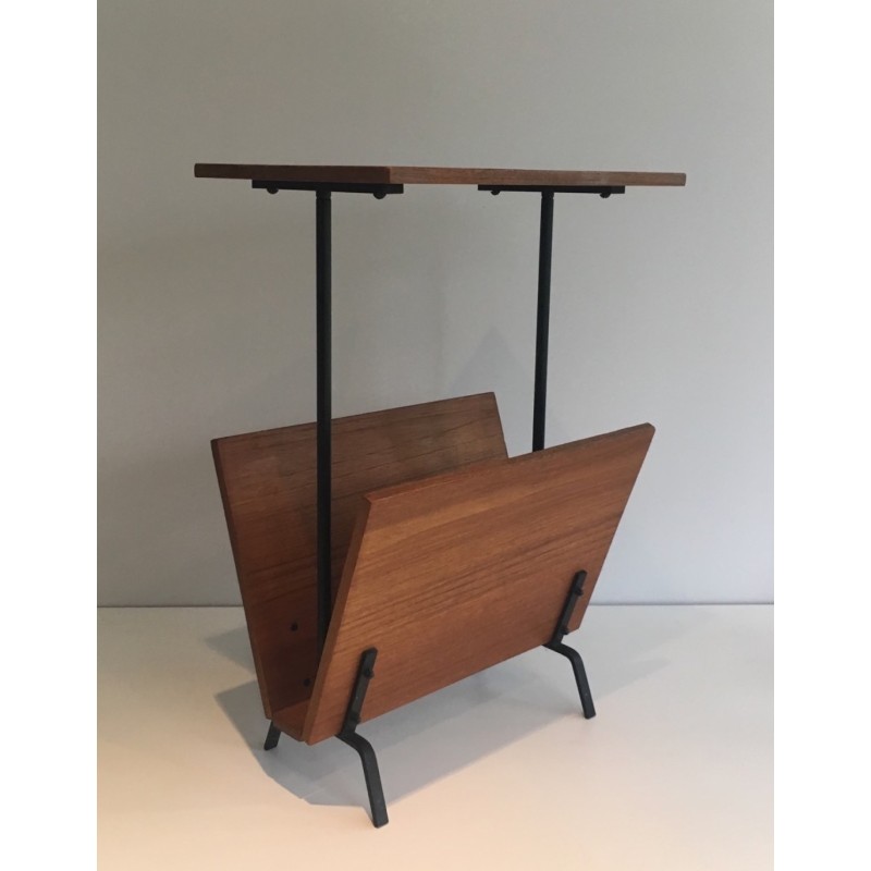 Vintage magazine rack in wood and black lacquered metal, 1950