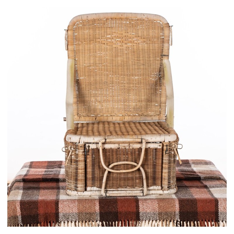 Vintage wicker picnic basket and seat, 1950s