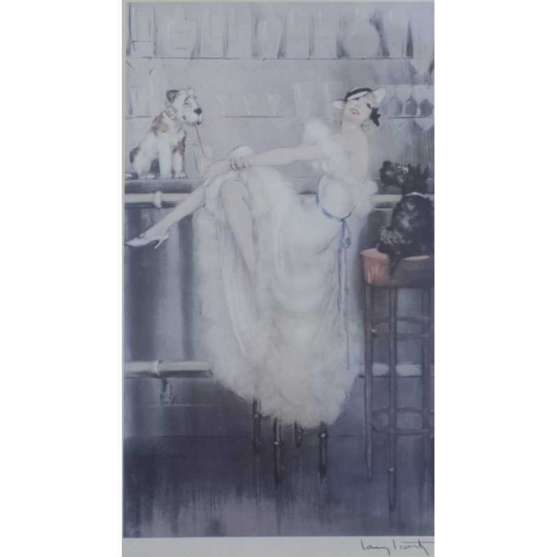 Impression vintage de dame avec deux terriers par Louis Icart