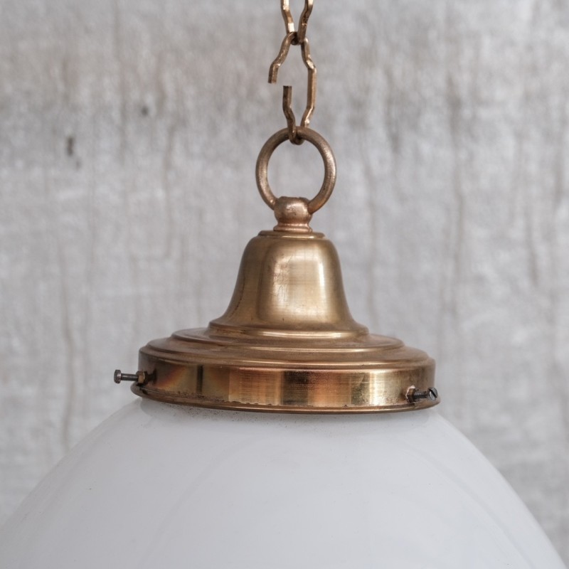 Pair of vintage French opaline and brass pendant lamps, 1950s