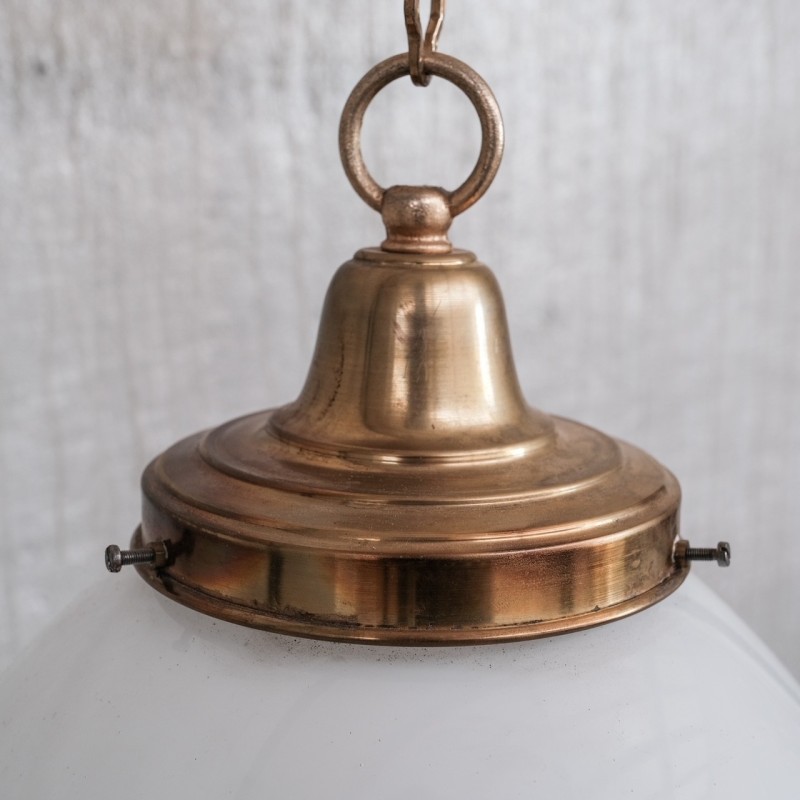 Pair of vintage French opaline and brass pendant lamps, 1950s