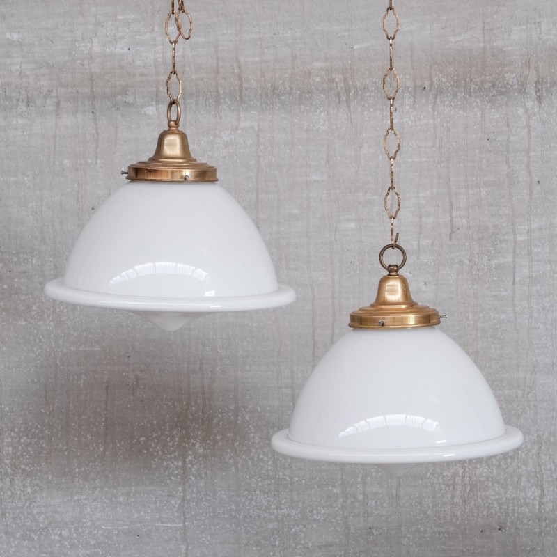 Pair of vintage French opaline and brass pendant lamps, 1950s