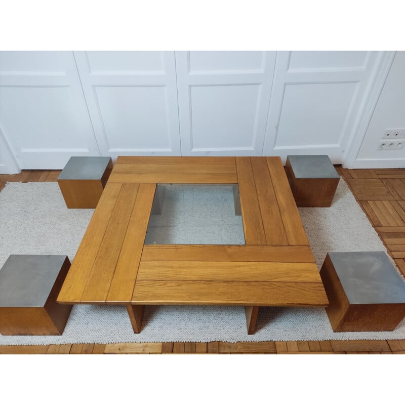 Vintage coffee table with 4 cubic seats by Tecno, 1970