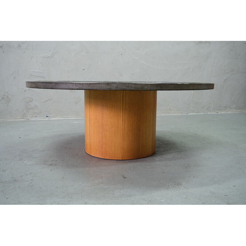 Table basse vintage brutale en pierre et teck par Peter Draenert, 1970