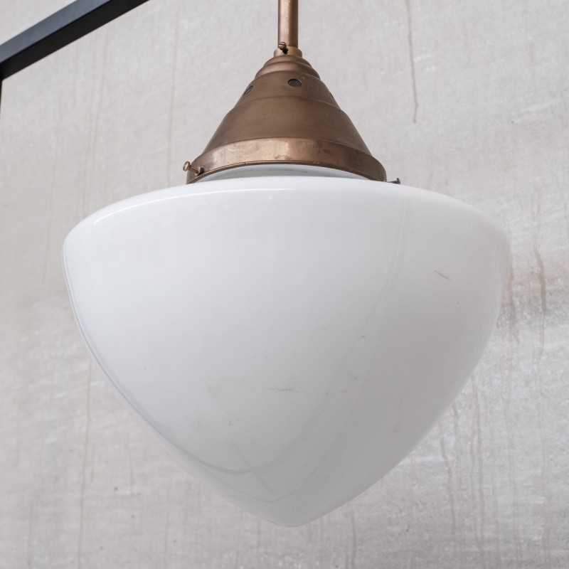 Vintage opaline and brass glass pendant lamp, France 1950s