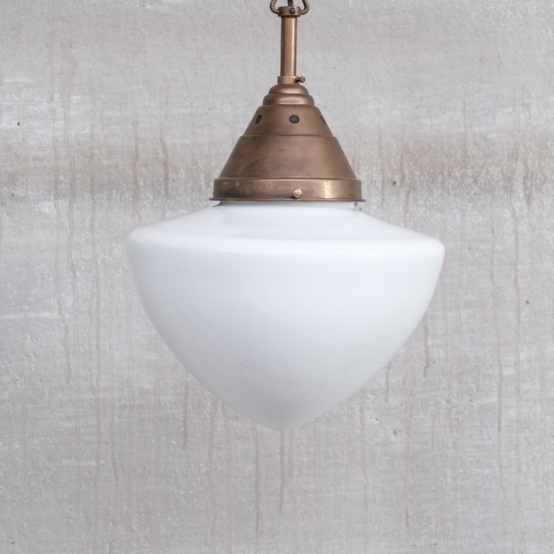 Vintage opaline and brass glass pendant lamp, France 1950s