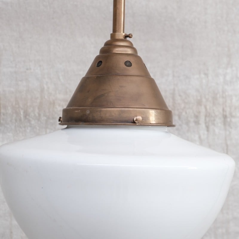 Vintage opaline and brass glass pendant lamp, France 1950s