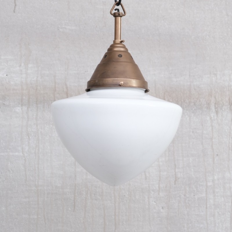 Vintage opaline and brass glass pendant lamp, France 1950s