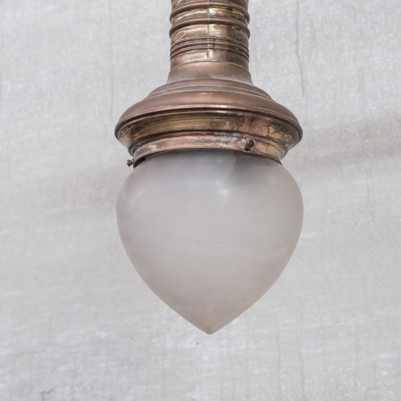 Pair of vintage brass and glass pendant lamps, France 1950s