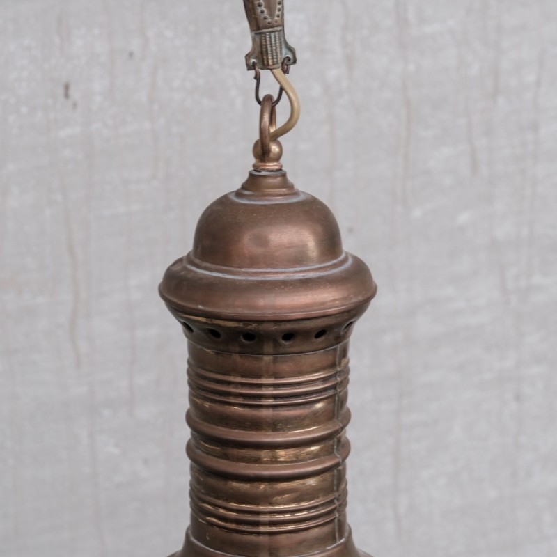 Pair of vintage brass and glass pendant lamps, France 1950s