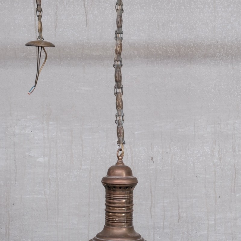 Pair of vintage brass and glass pendant lamps, France 1950s