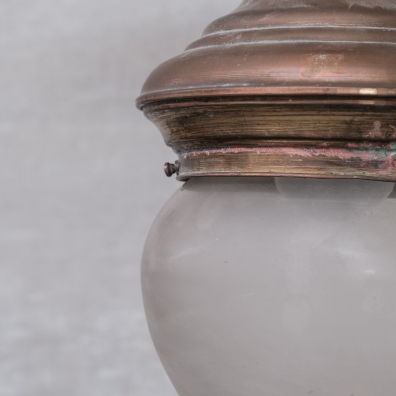 Pair of vintage brass and glass pendant lamps, France 1950s