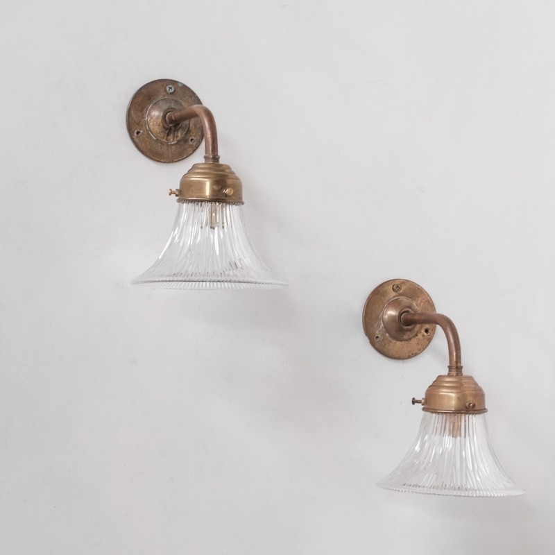 Pair of vintage brass and holophane glass wall lamps, France 1950s