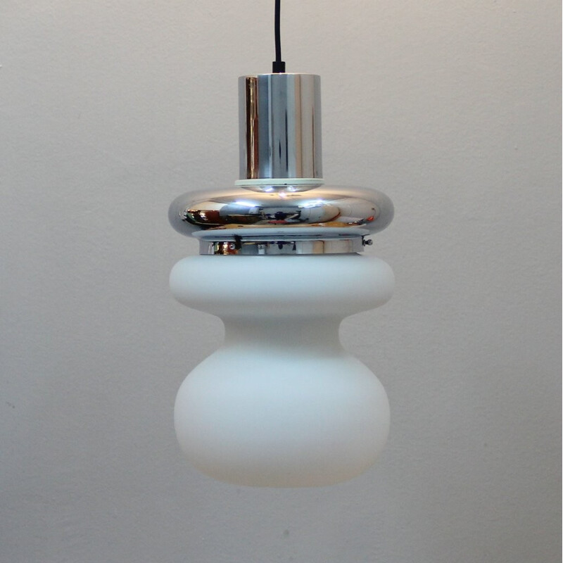 Hanging light in opaline and chromed metal - 1970s
