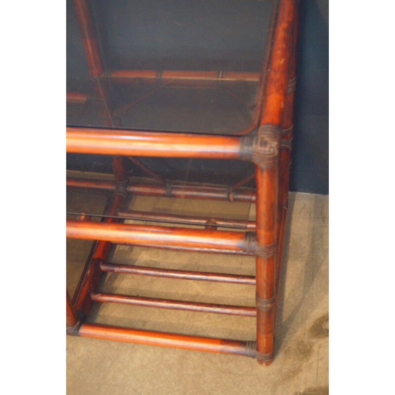 Vintage bookcase in rattan, leather and smoked glass, 1970s
