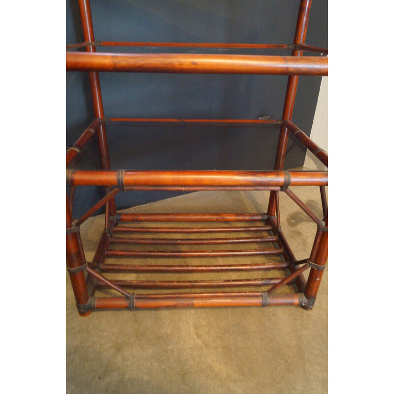 Vintage bookcase in rattan, leather and smoked glass, 1970s