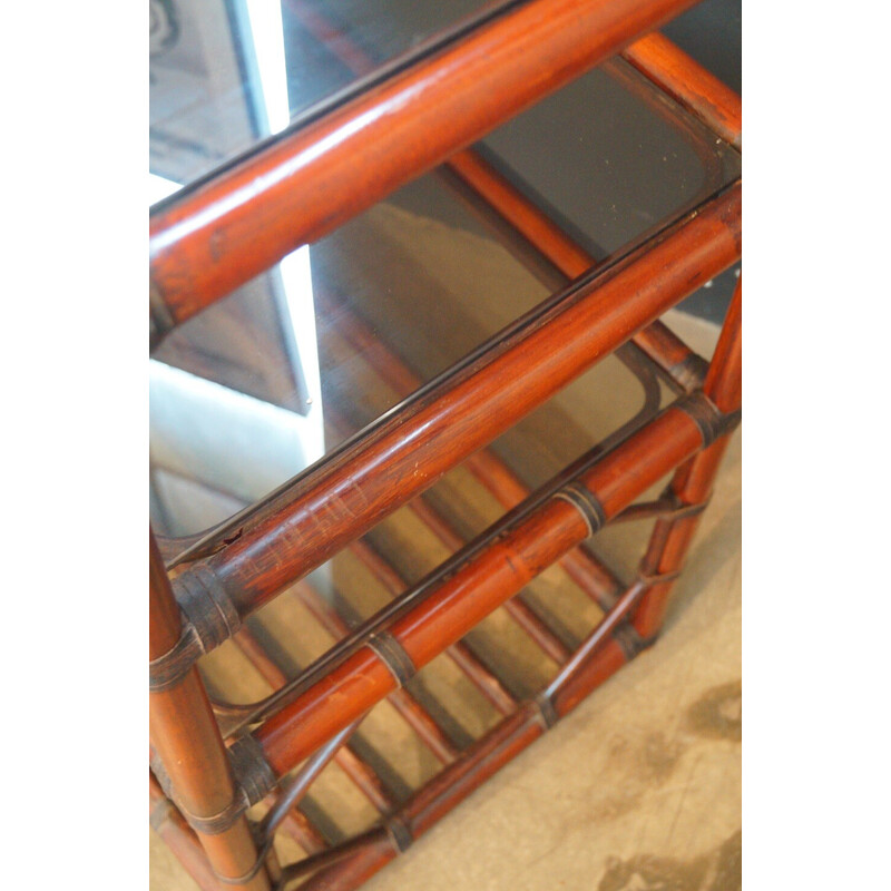 Vintage bookcase in rattan, leather and smoked glass, 1970s