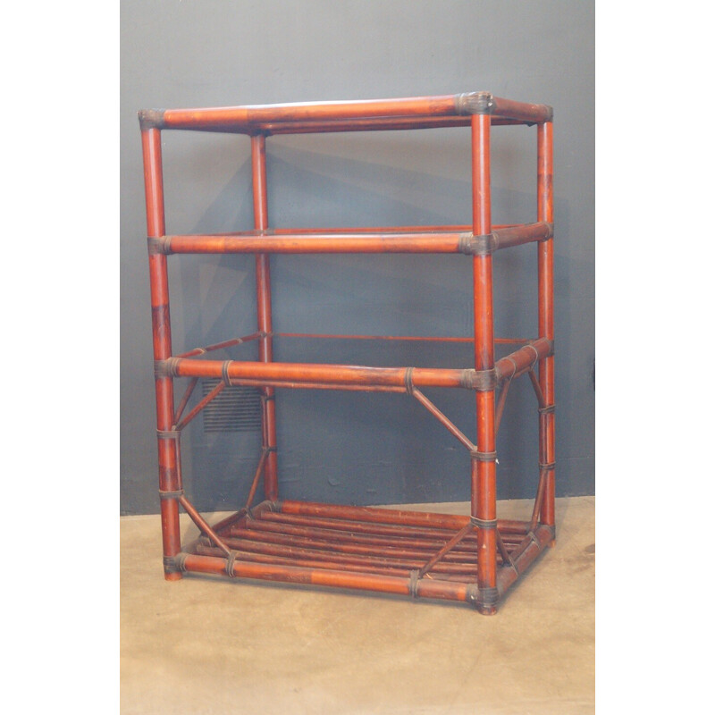 Vintage bookcase in rattan, leather and smoked glass, 1970s