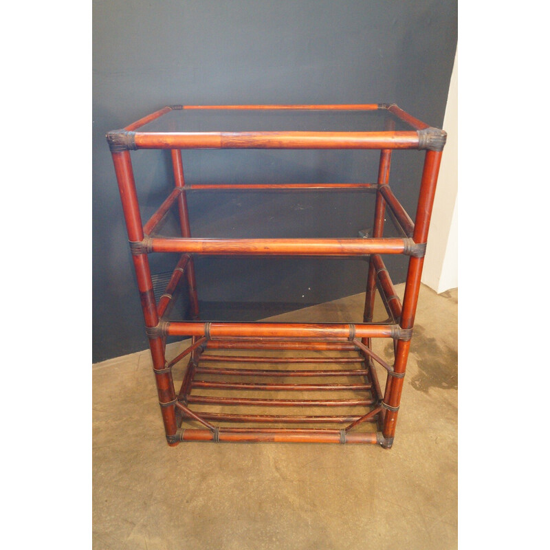 Vintage bookcase in rattan, leather and smoked glass, 1970s