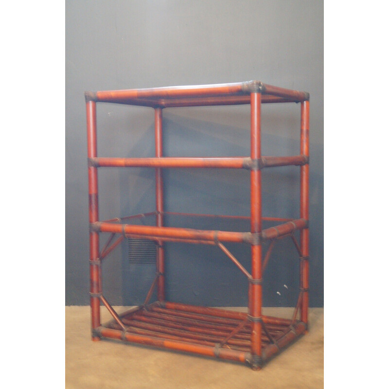 Vintage bookcase in rattan, leather and smoked glass, 1970s