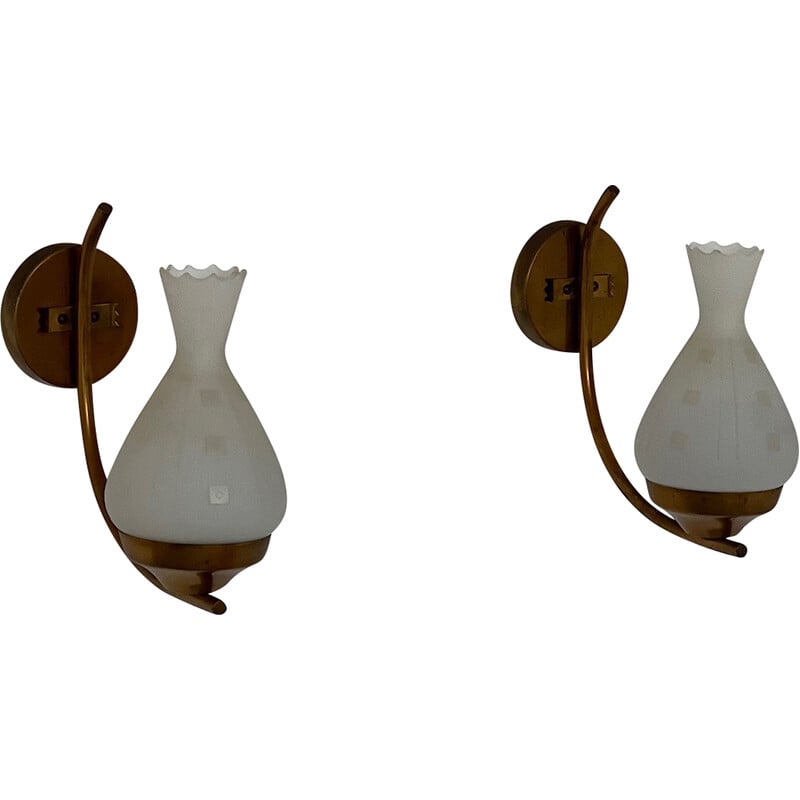 Pair of Swedish vintage opaline glass and brass wall lamps, 1960s