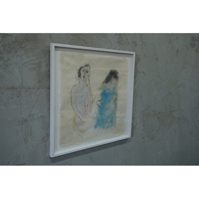 Vintage mixed media painting on Japanese paper, 1990s