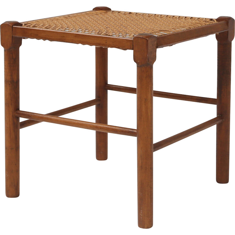 Vintage wood and rattan stool, 1960s