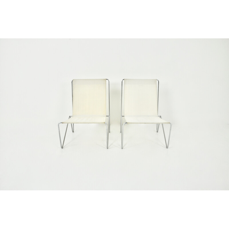 Pair of vintage Bachelor armchairs in metal and creamy fabric by Verner Panton for Fritz Hansen, 1950s