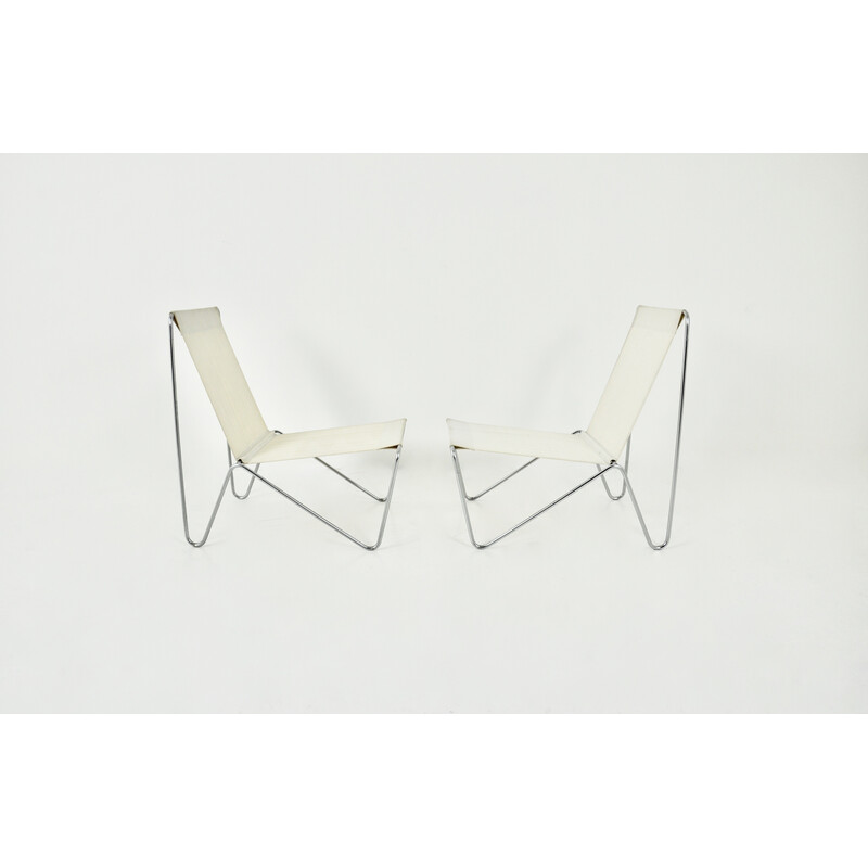 Pair of vintage Bachelor armchairs in metal and creamy fabric by Verner Panton for Fritz Hansen, 1950s