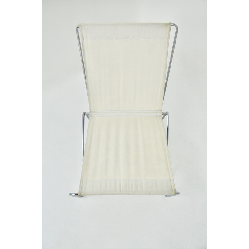 Paar vintage bachelorstoelen in metaal en crème stof van Verner Panton voor Fritz Hansen, 1950