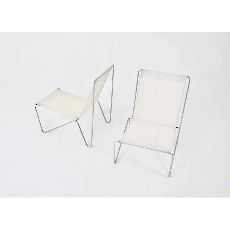 Pair of vintage Bachelor armchairs in metal and creamy fabric by Verner Panton for Fritz Hansen, 1950s