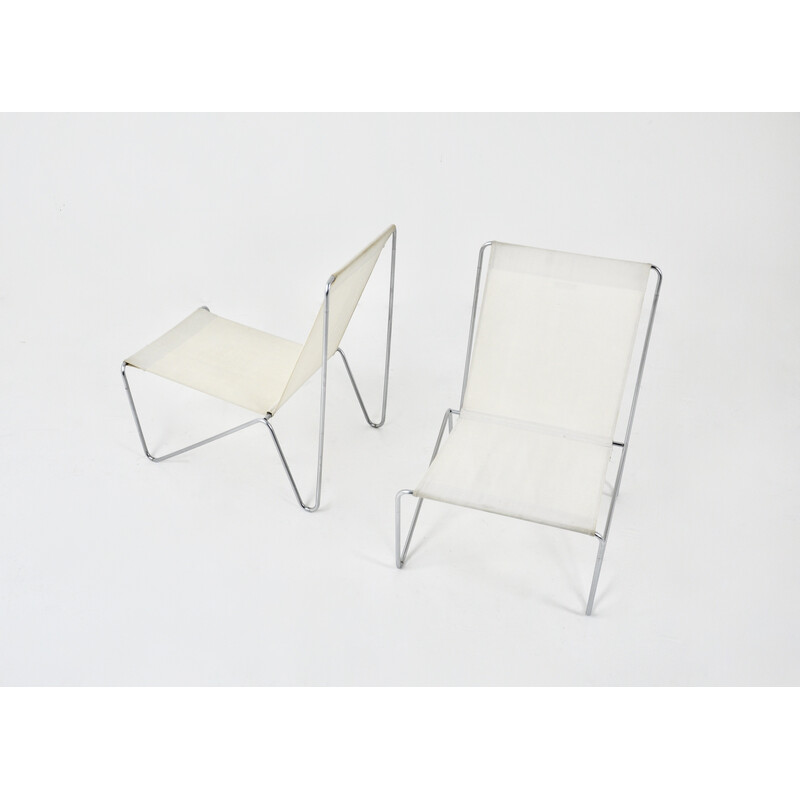 Pareja de sillas Bachelor vintage en metal y tela crema de Verner Panton para Fritz Hansen, 1950